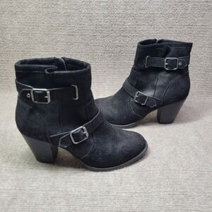 Mia‎ Amore Bootie Womens 8.5 Black Distressed Strappy Zip Up Ankle Heel Fashion